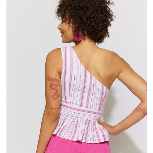 Francesca’s Mi Ami Linen Blend One Shoulder Peplum Blouse Striped Pink White M - Picture 1 of 14